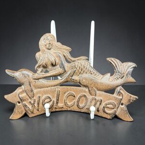 Cast Iron Mermaid Welcome Sign Brown Nautical Dolphin Wall Plaque Coastal Decor